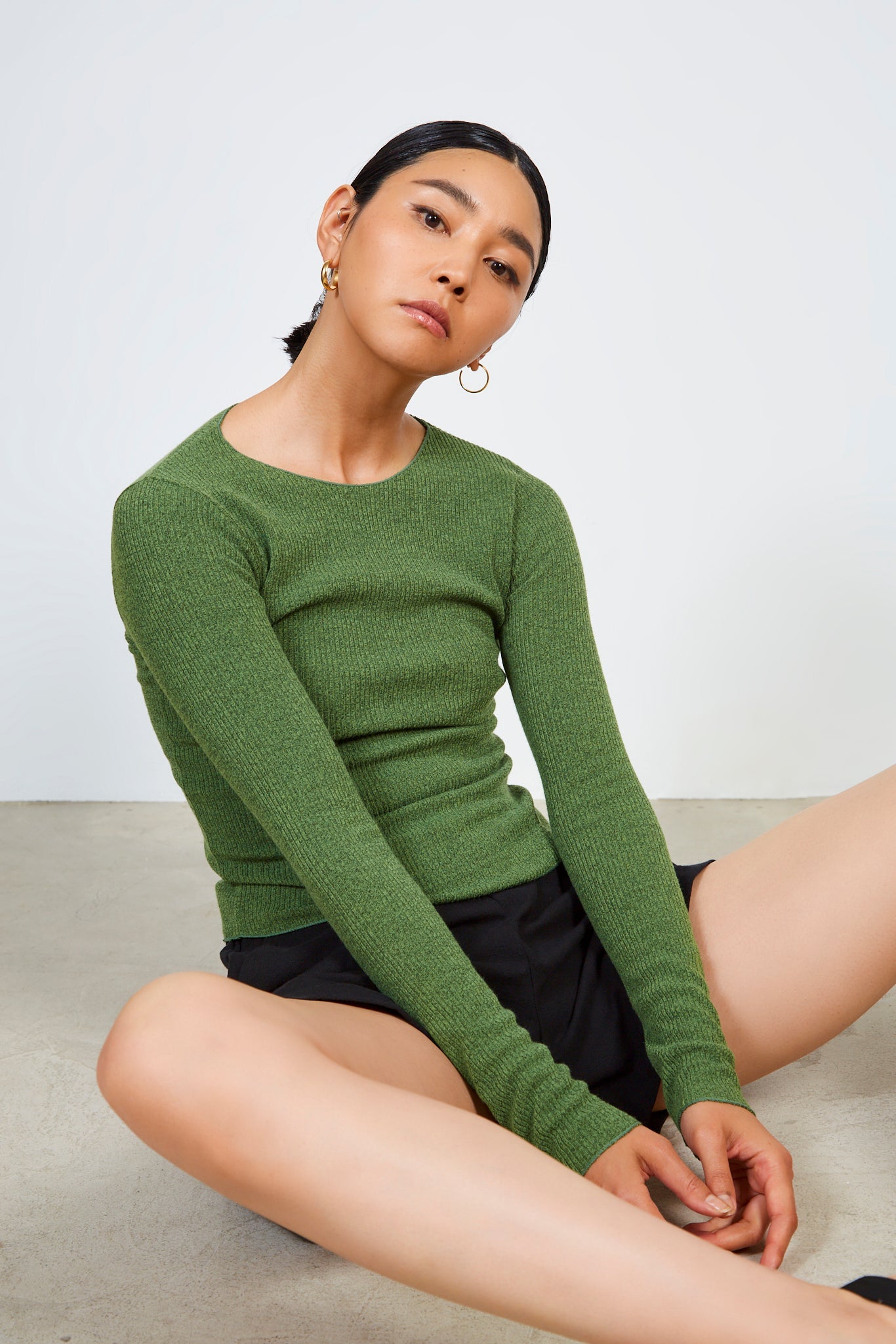 Green smooth trim ribbed top