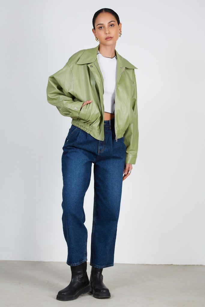 Green vegan leather zip up jacket_3