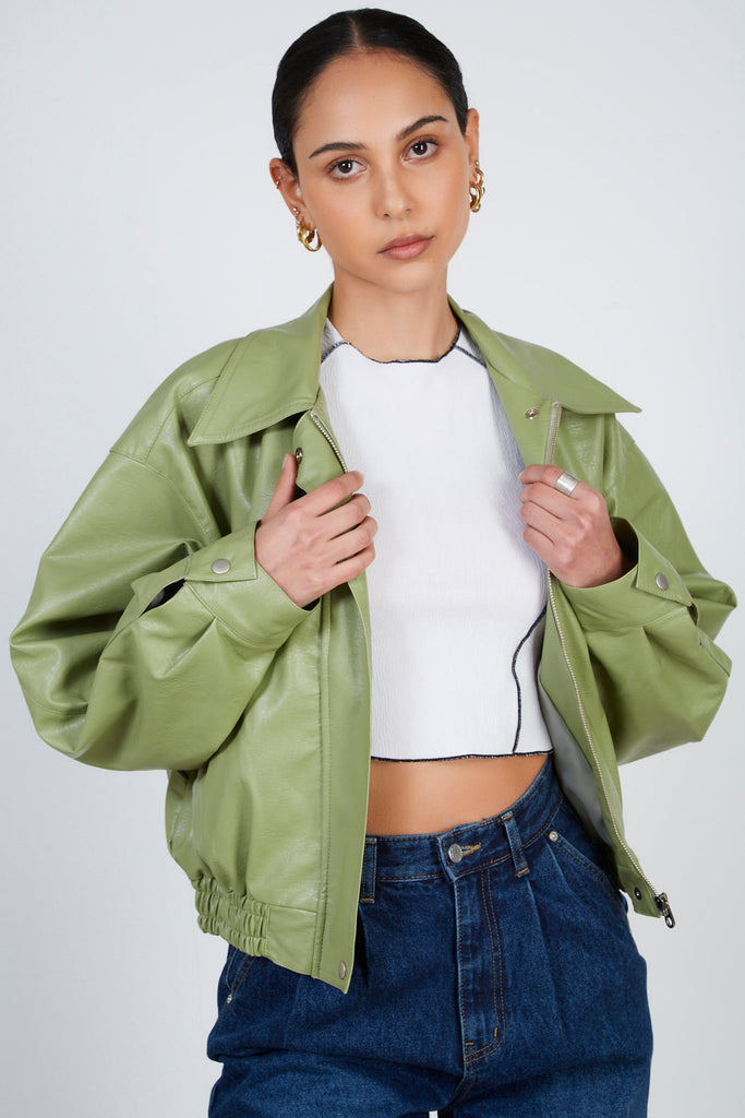 Green vegan leather zip up jacket_1