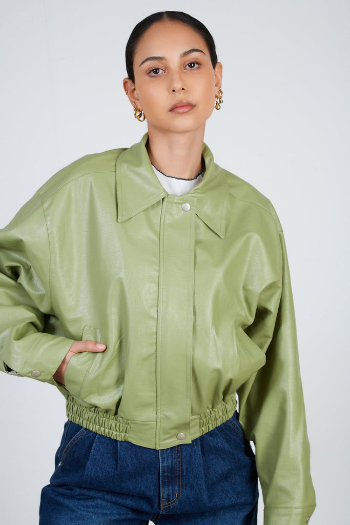 Green vegan leather zip up jacket_4