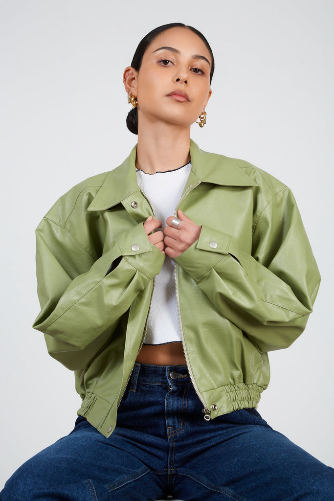 Green vegan leather zip up jacket_6