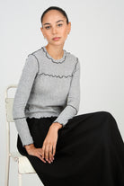 Grey and black horizontal trim long sleeved top_1