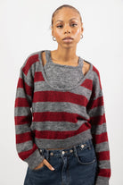 Grey and burgundy block striped double layered jumper_1
