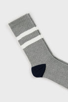 Grey and white varsity stripe blue trim socks_2