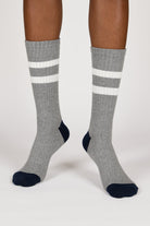 Grey and white varsity stripe blue trim socks_3