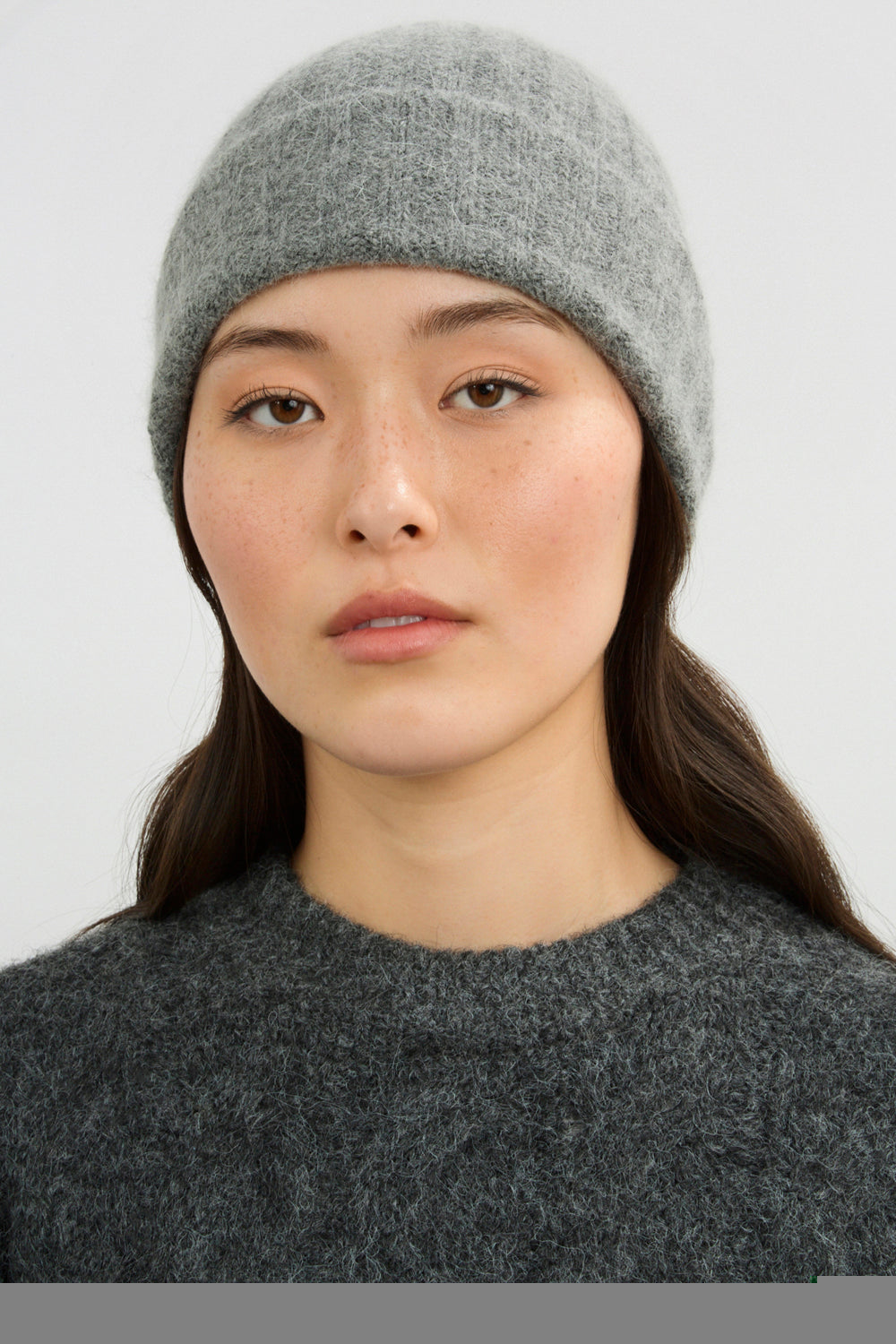 Grey angora wool blend large ribbed beanie hat Glassworks London