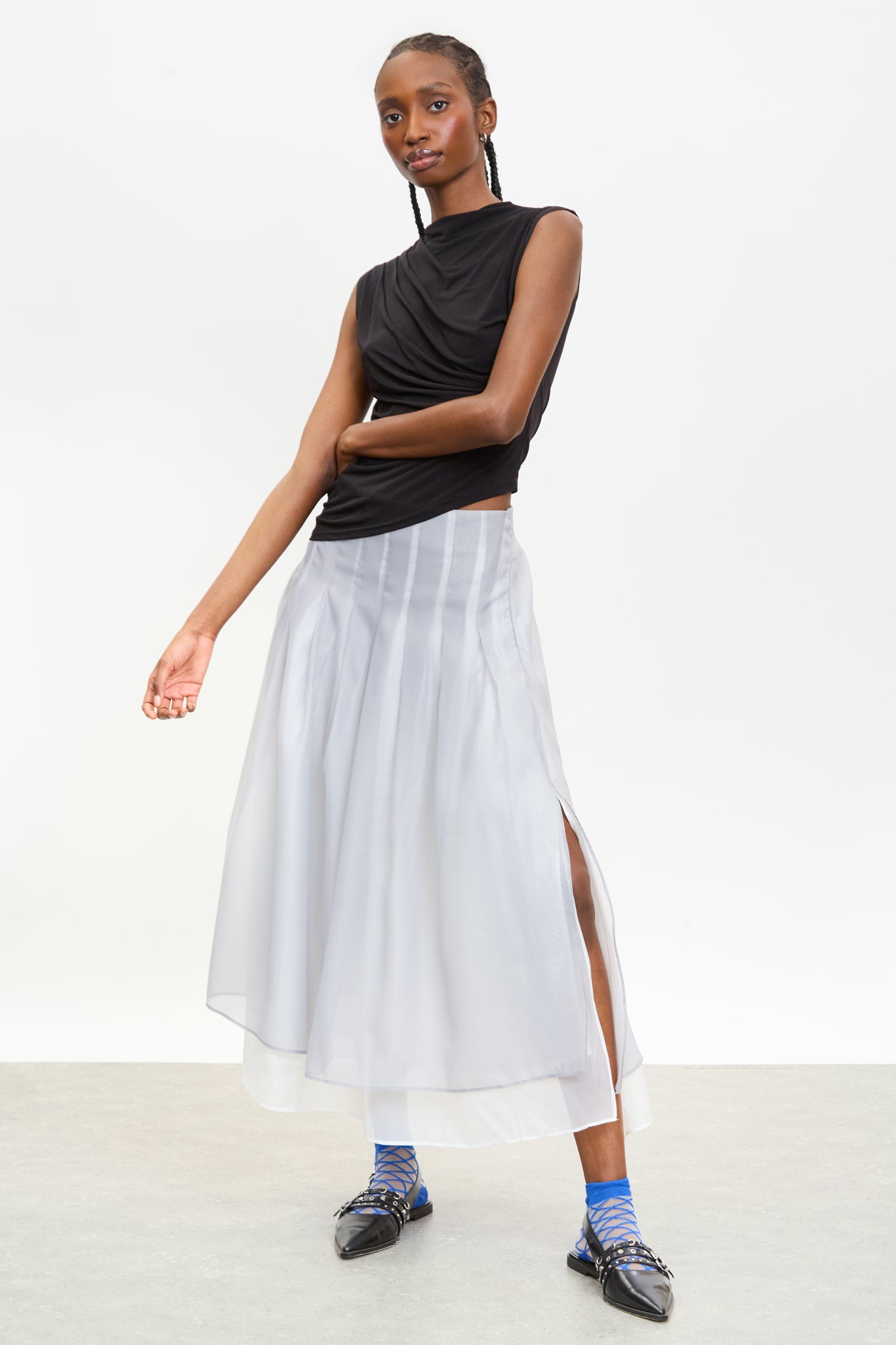 Grey chiffon overlay pleated skirt_4