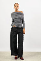 Grey draped shoulder long sleeve knit top_4