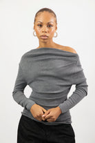 Grey draped shoulder long sleeve knit top_1