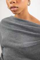Grey draped shoulder long sleeve knit top_3