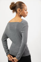 Grey draped shoulder long sleeve knit top_2
