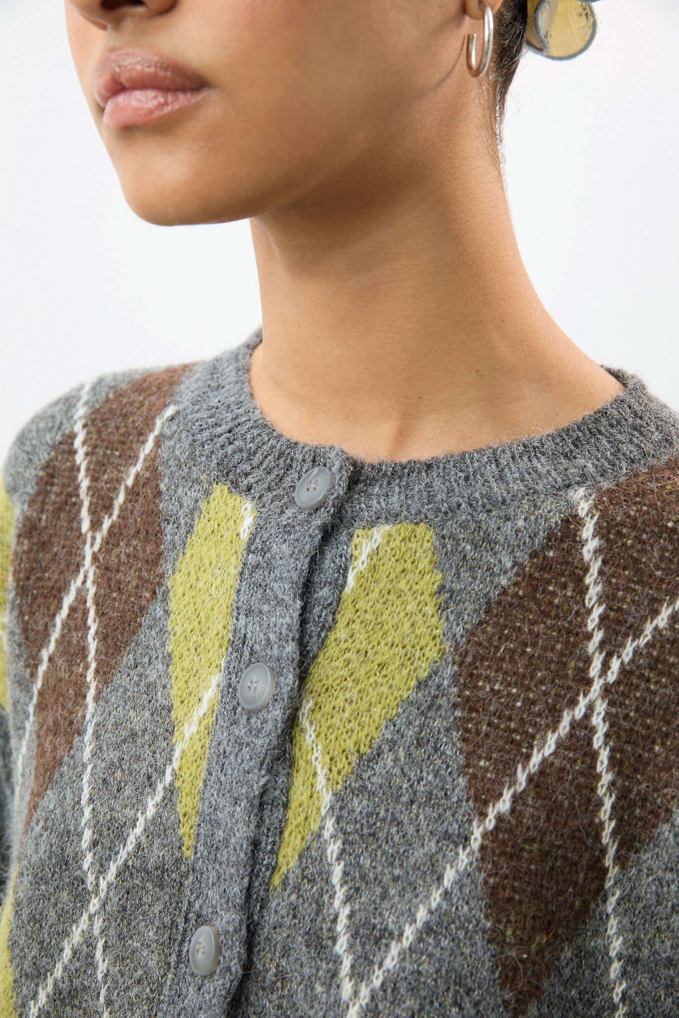 Grey green and brown argyle alpaca wool blend cardigan_3