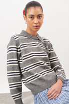 Grey ivory and black multi stripe collared jumper_5