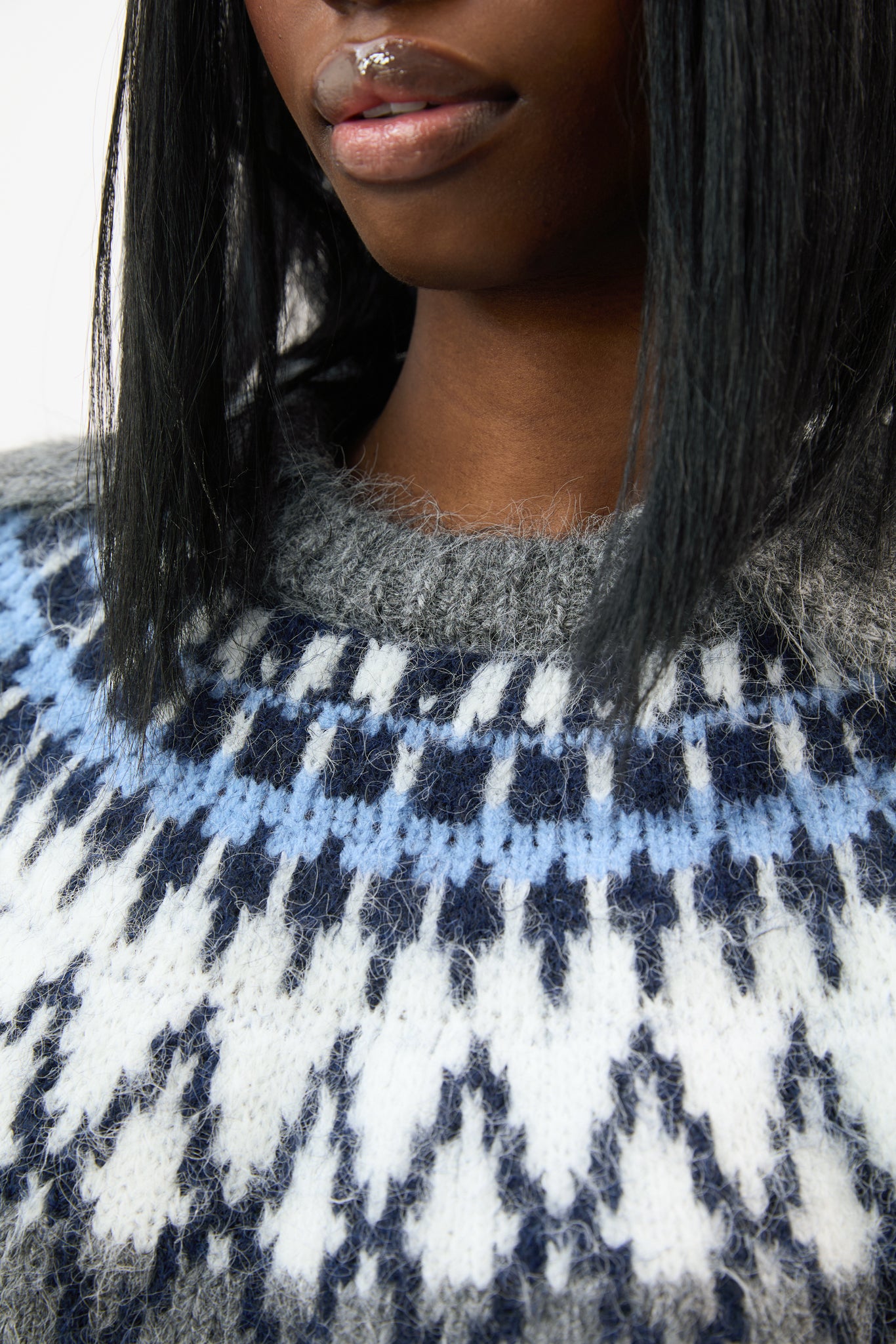 Grey ivory and blue Fair Isle wool blend collared jumper_3