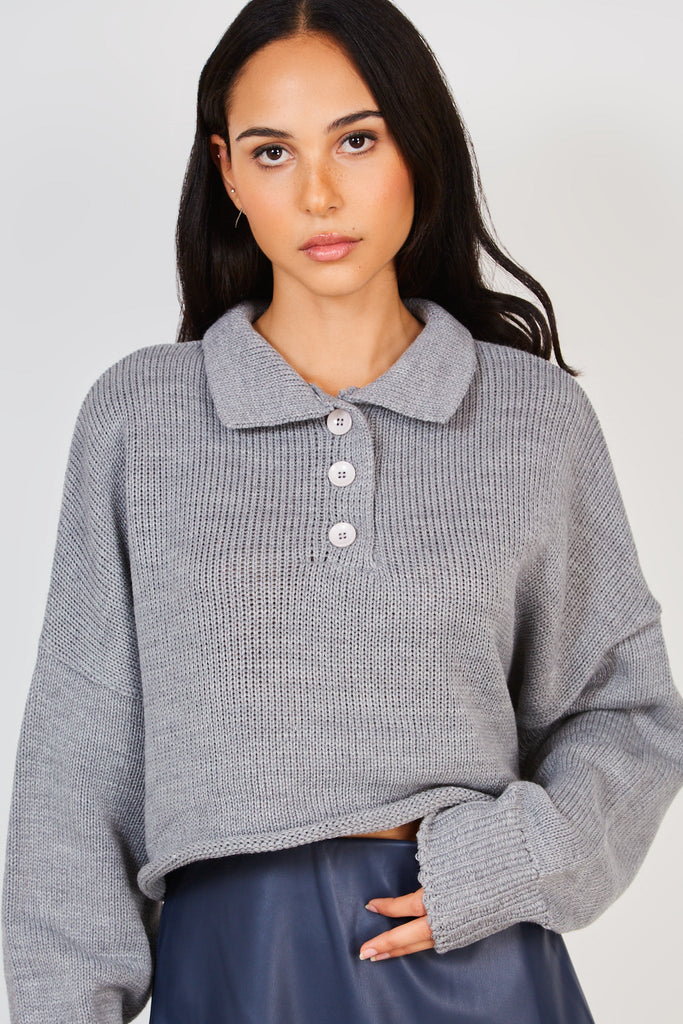 Grey button neck cropped wide jumper_1