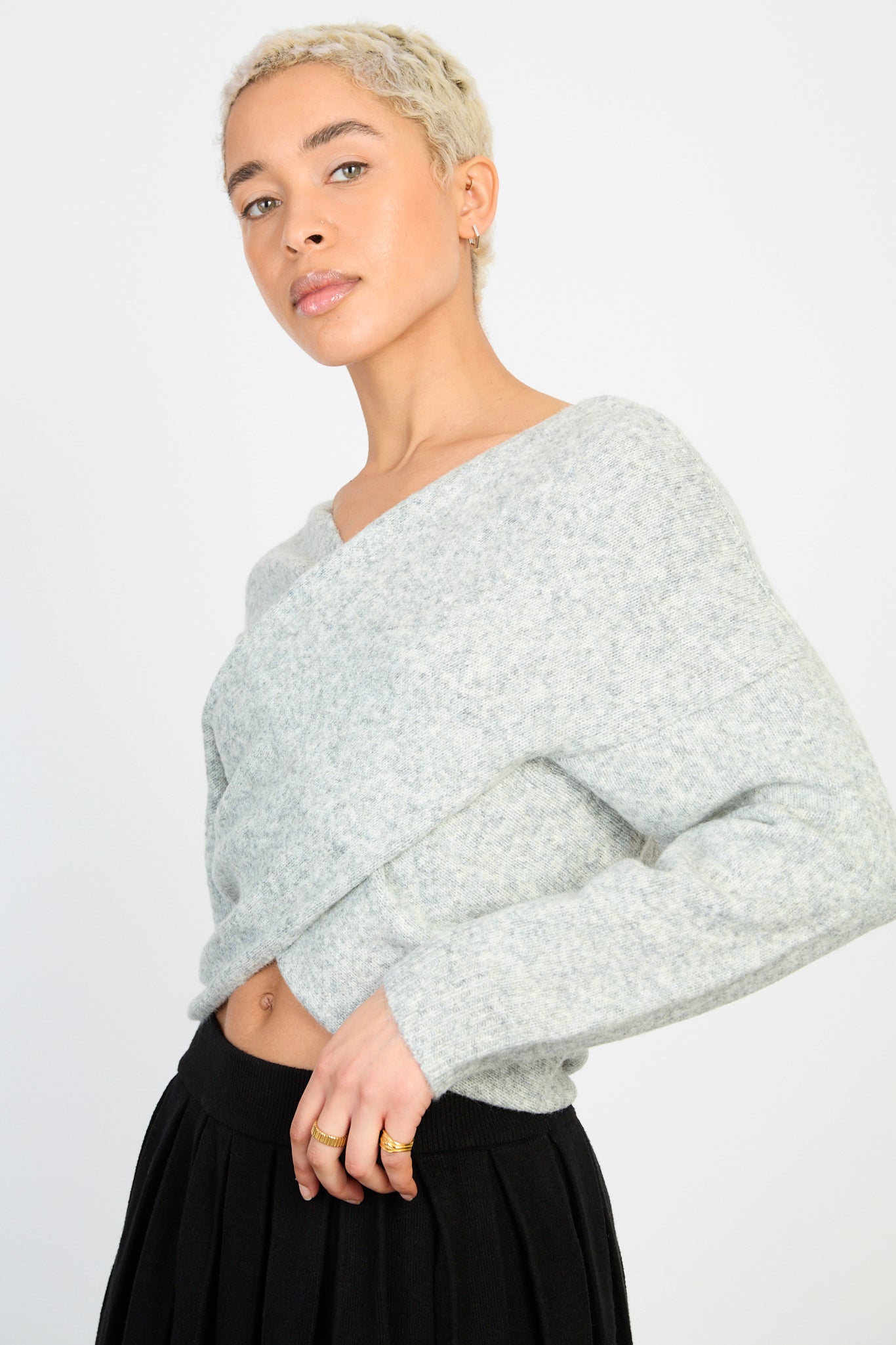 Heather grey wool blend cross front jumper_1