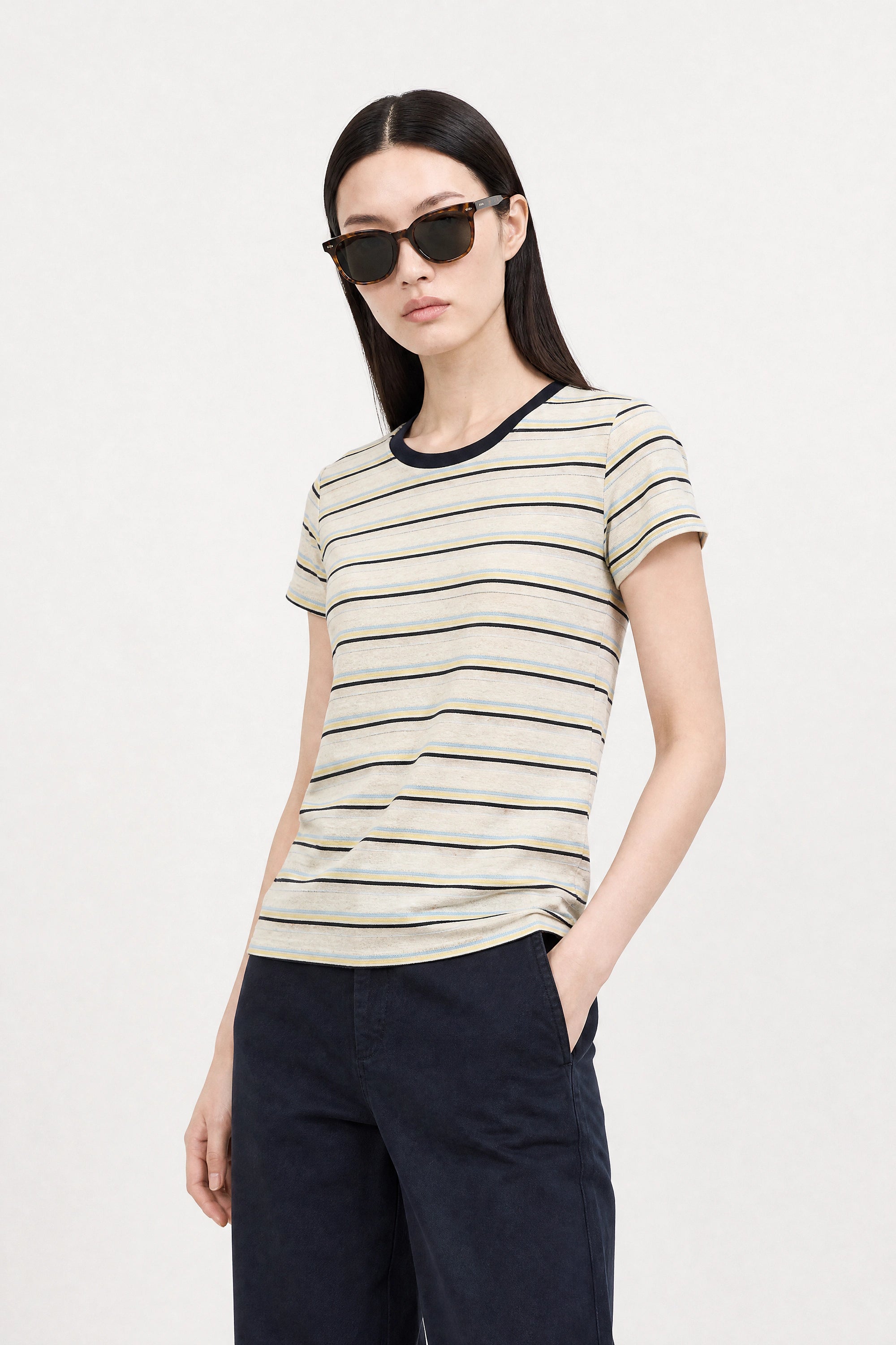 Heather beige blue and yellow striped contrast collar tee_2