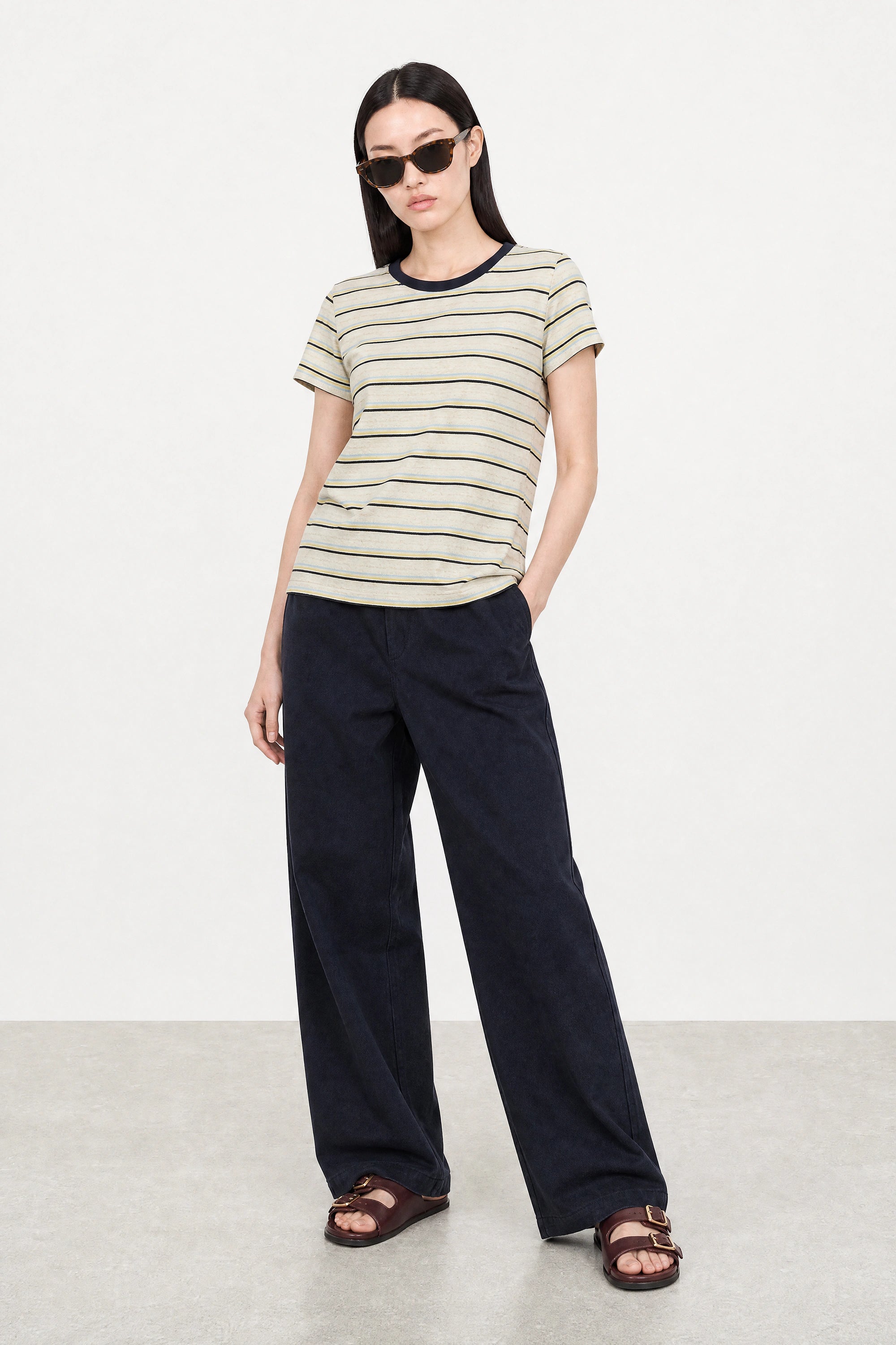 Heather beige blue and yellow striped contrast collar tee_5
