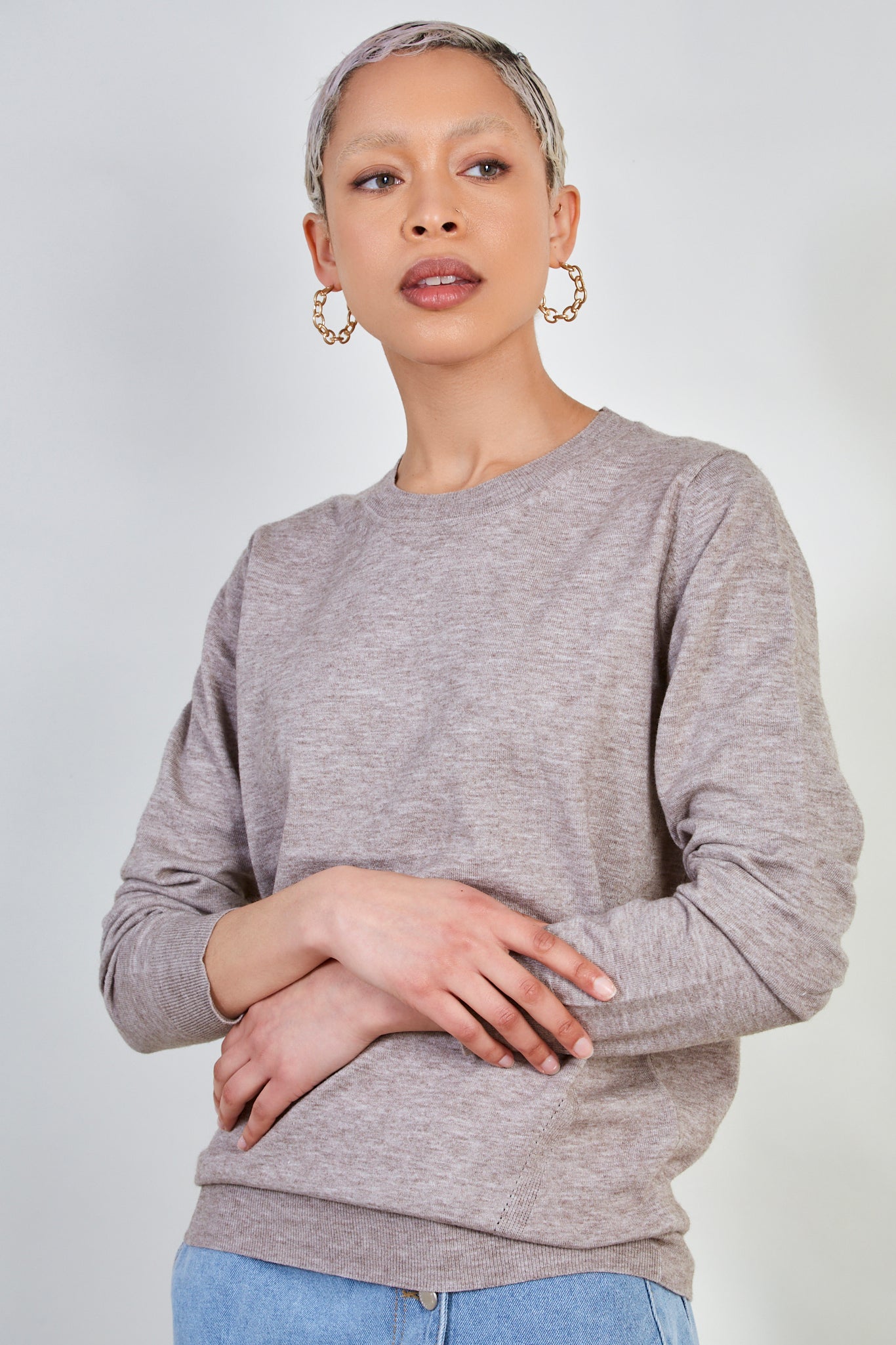 Heather beige cashmere blend crew neck jumper_1