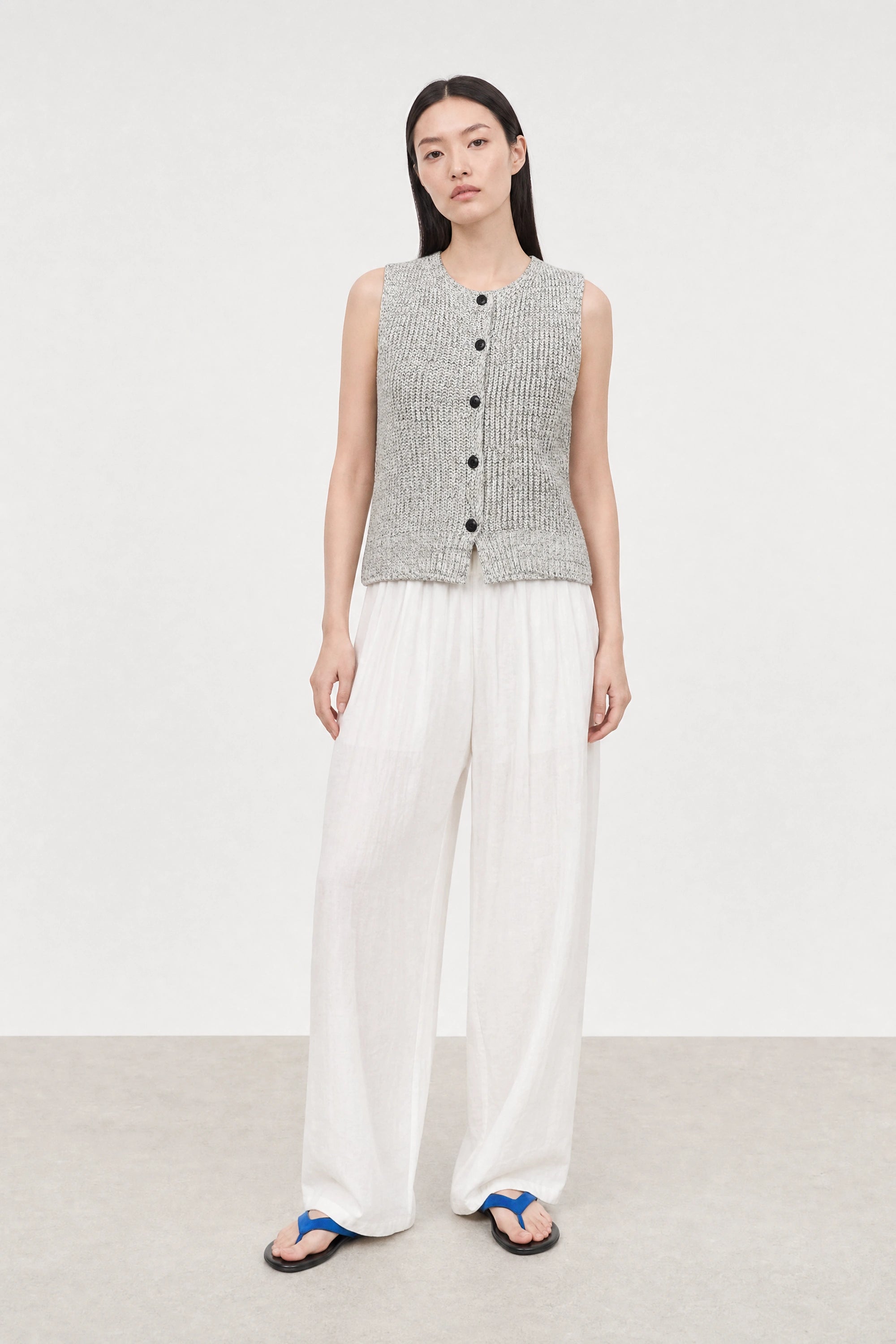 Ivory and black mix knit button front knit top_4
