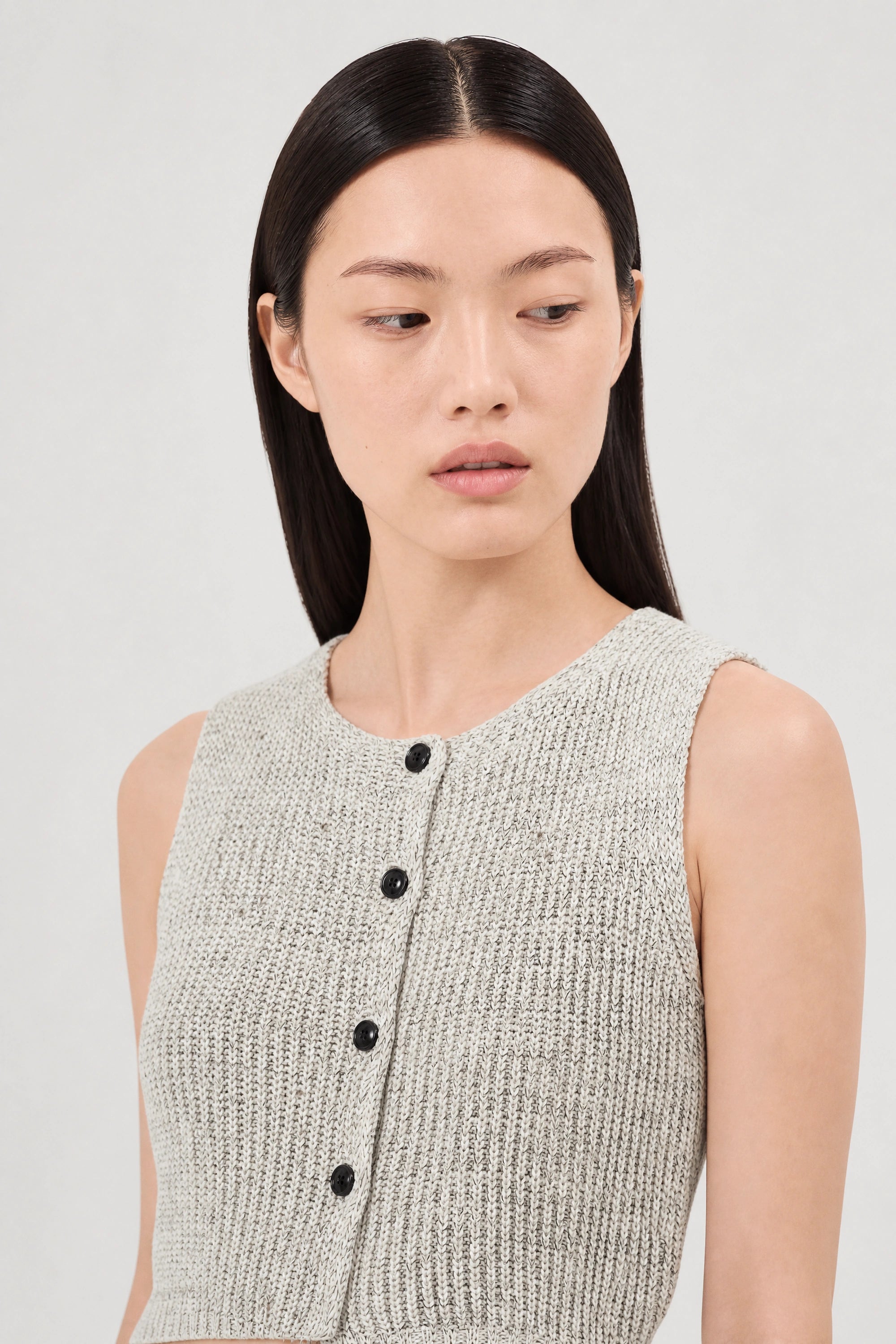 Ivory and black mix knit button front knit top_3