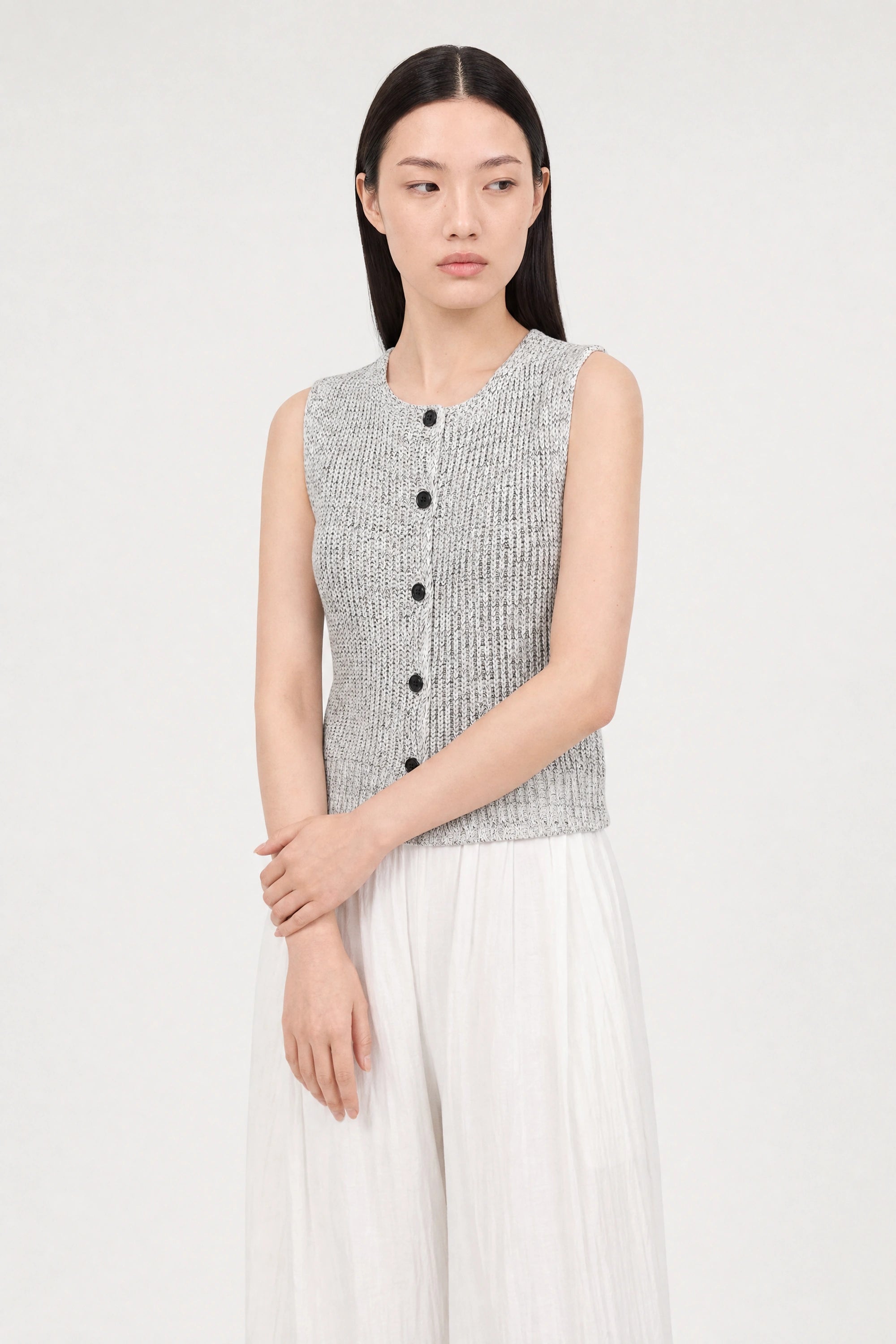 Ivory and black mix knit button front knit top_1
