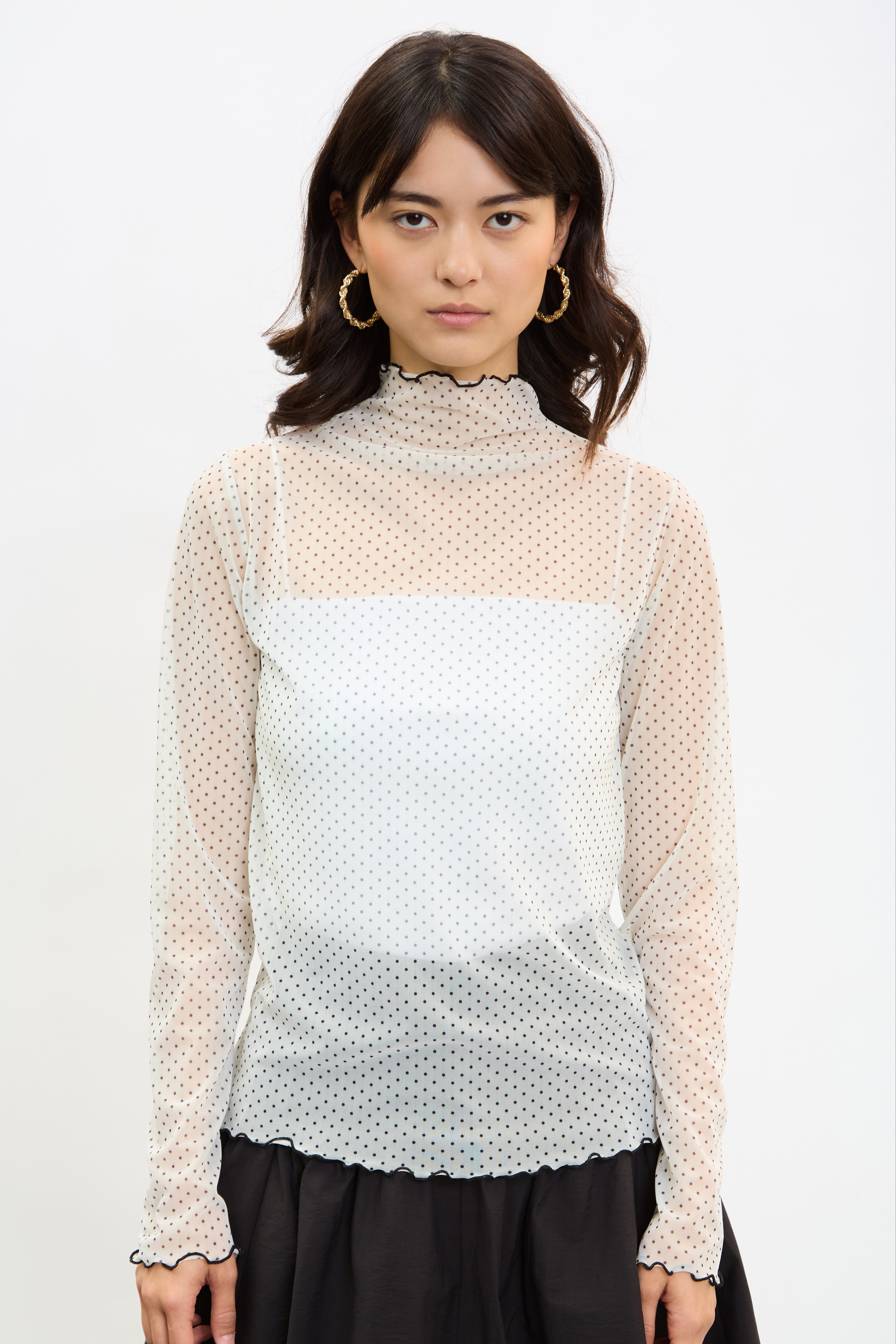Ivory and black polka dot sheer ruffle trim top_1