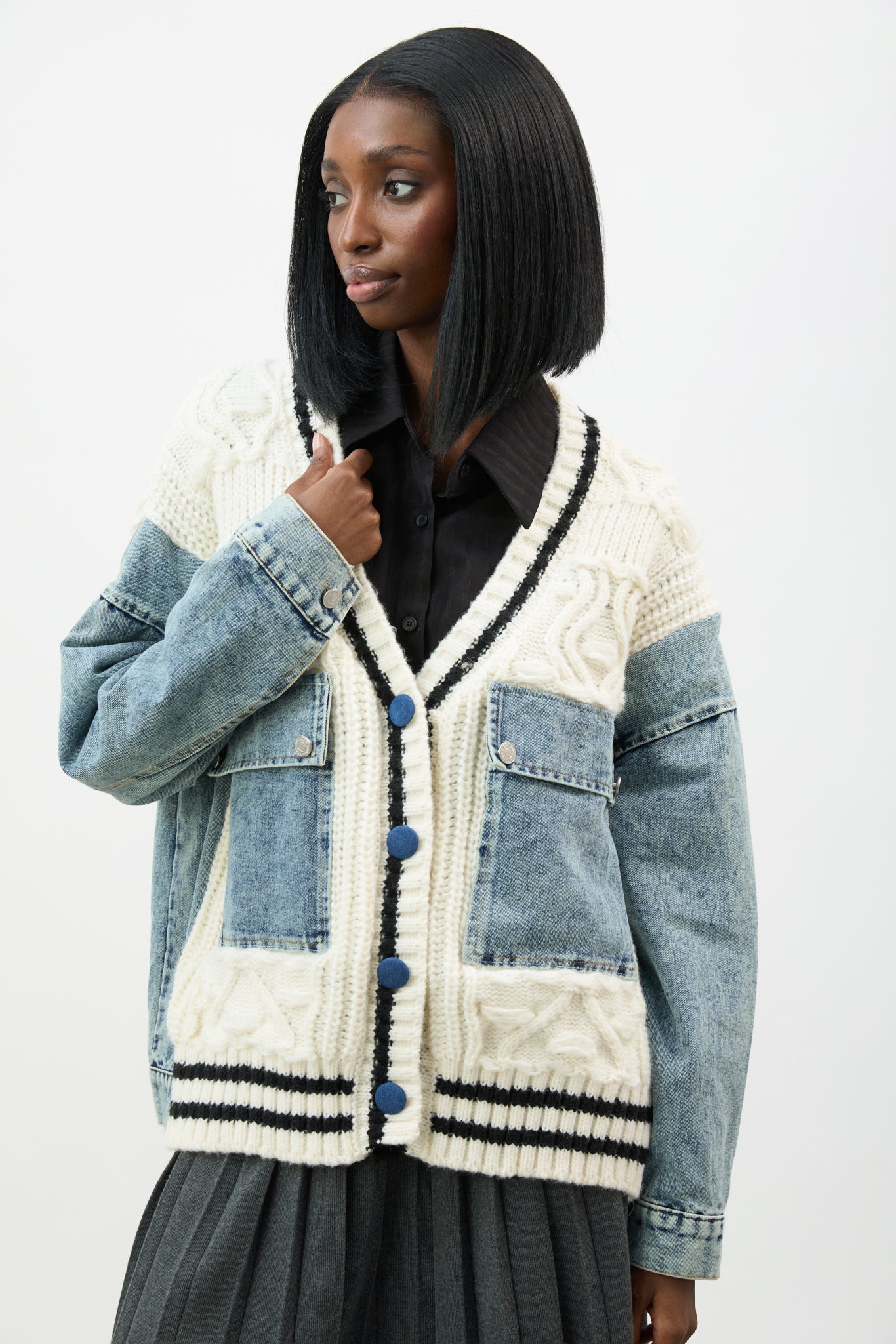 Ivory and blue denim wool blend varsity cardigan jacket_1