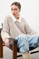 Ivory bold fuzzy rainbow fleck V neck jumper_4