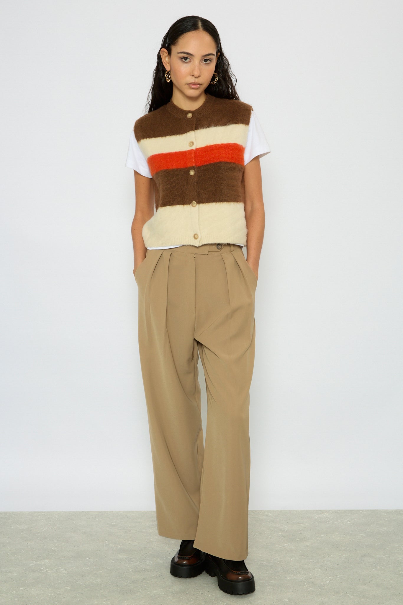 Ivory brown and coral striped button up sweater vest_5