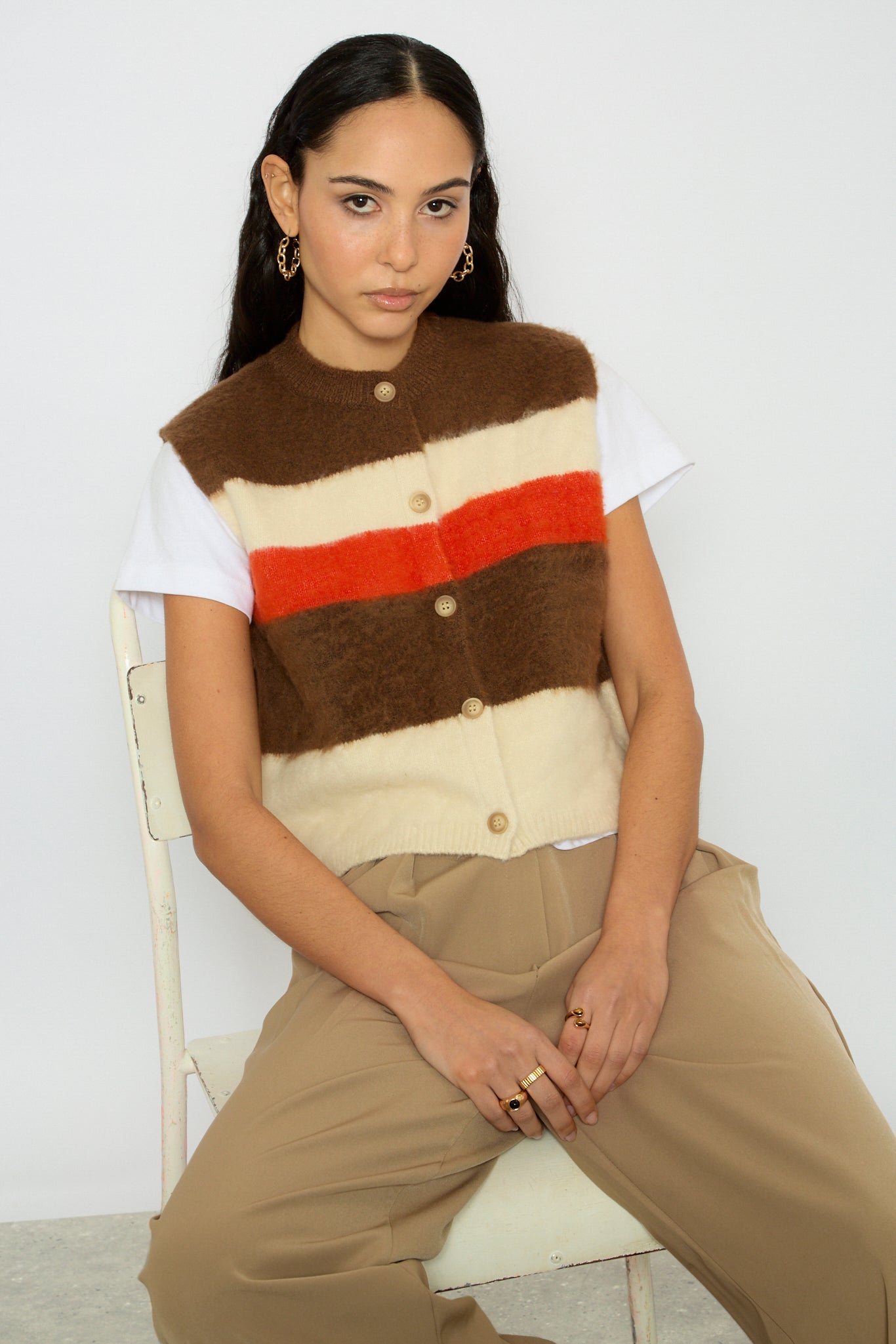 Ivory brown and coral striped button up sweater vest_1
