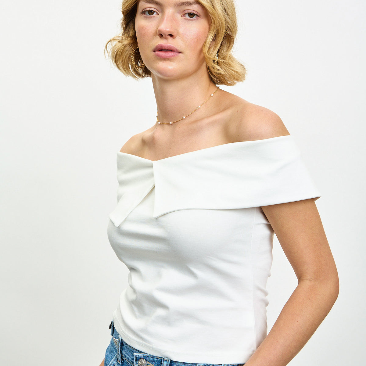 Ivory cross panel off shoulder jersey top | Glassworks London