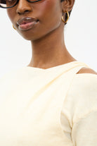 Ivory draped front long sleeve knit top_3