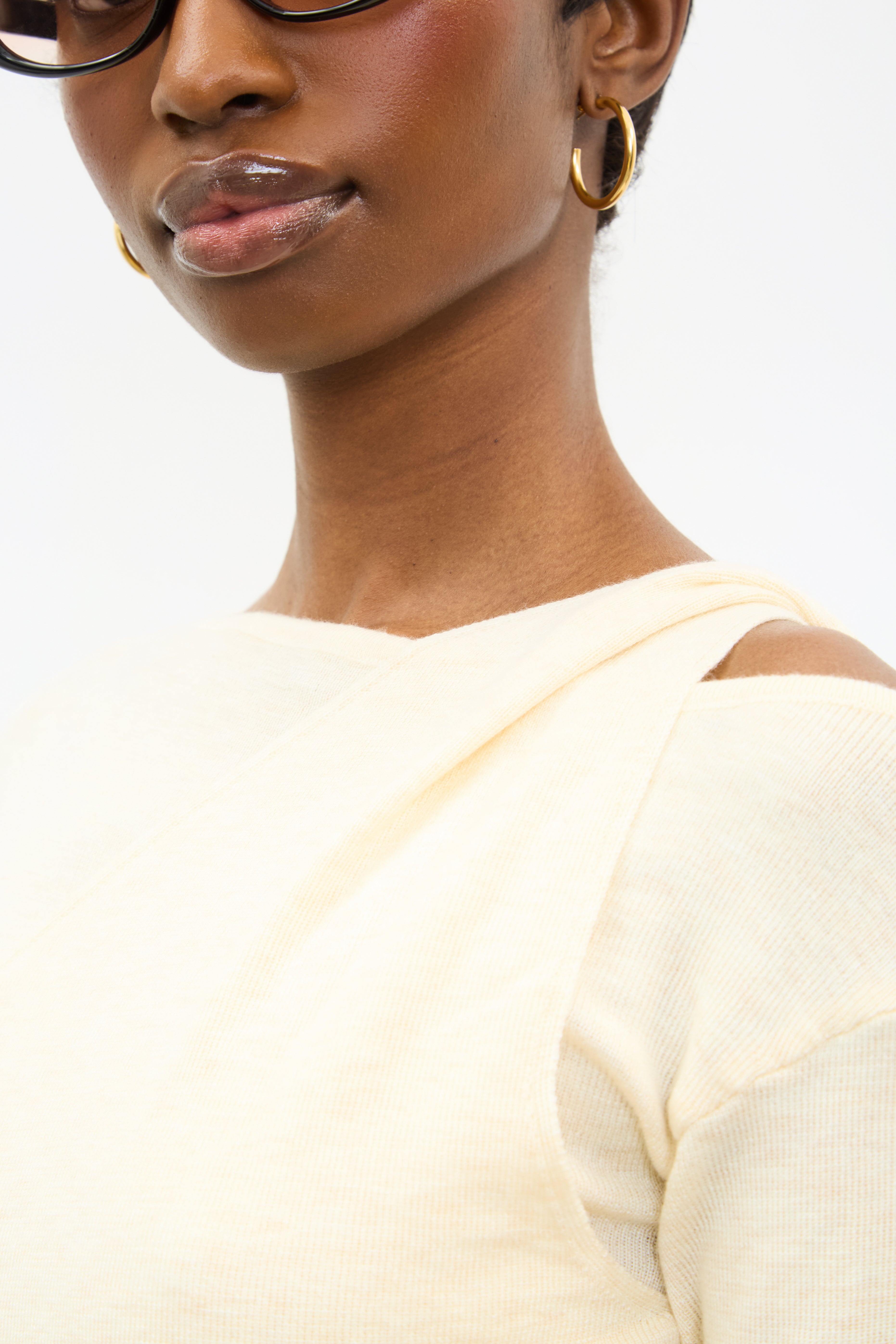 Ivory draped front long sleeve knit top_3