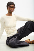 Ivory draped front long sleeve knit top_4
