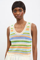 Ivory green and orange striped crochet knit tank_1