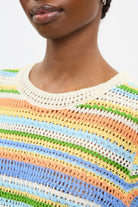 Ivory green and orange striped crochet knit tee_3