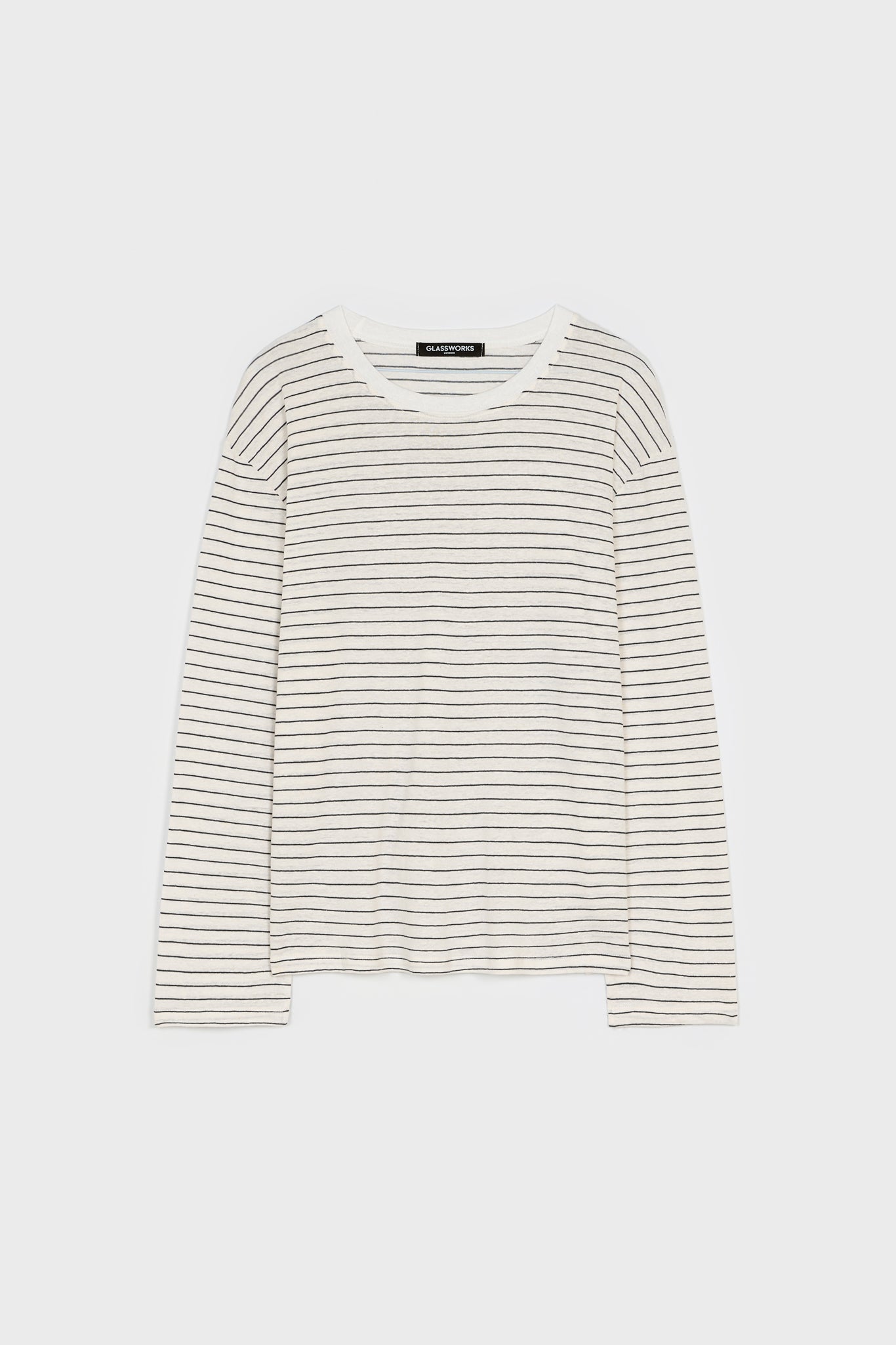 Ivory and black thin striped linen blend long sleeved tee_1
