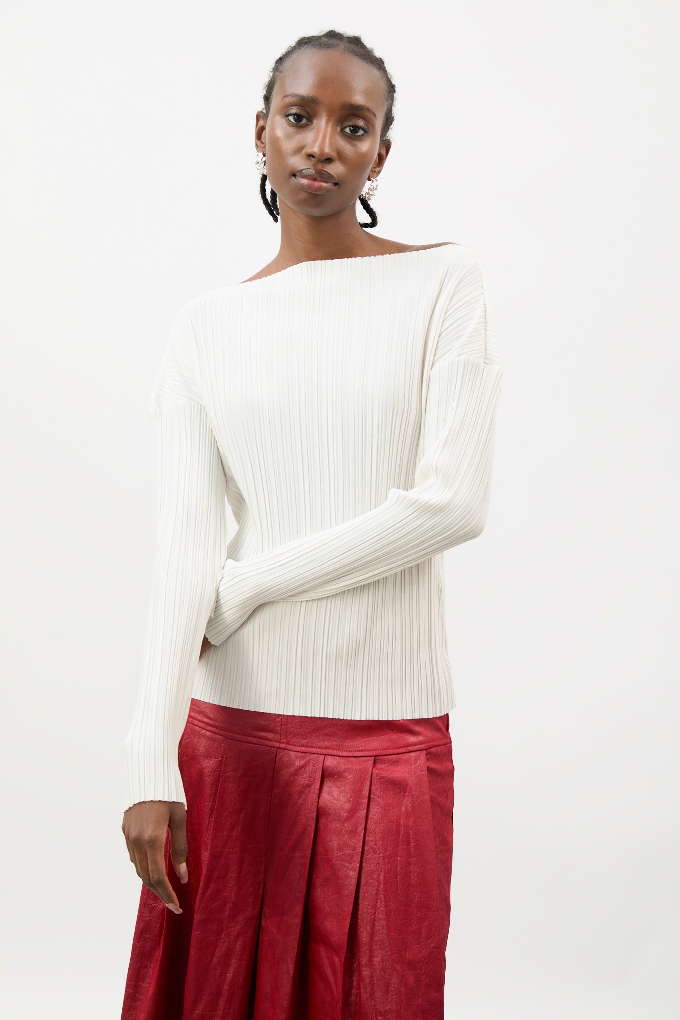 Ivory pleat ribbed wide neck top_1