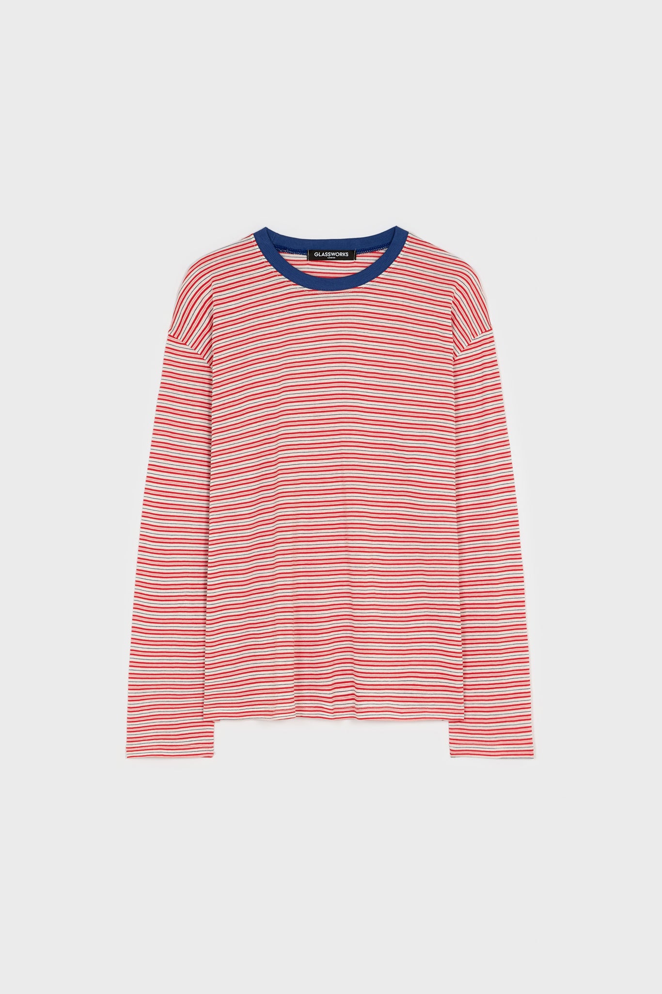 Ivory red and blue multi striped contrast collar long sleeved tee_1