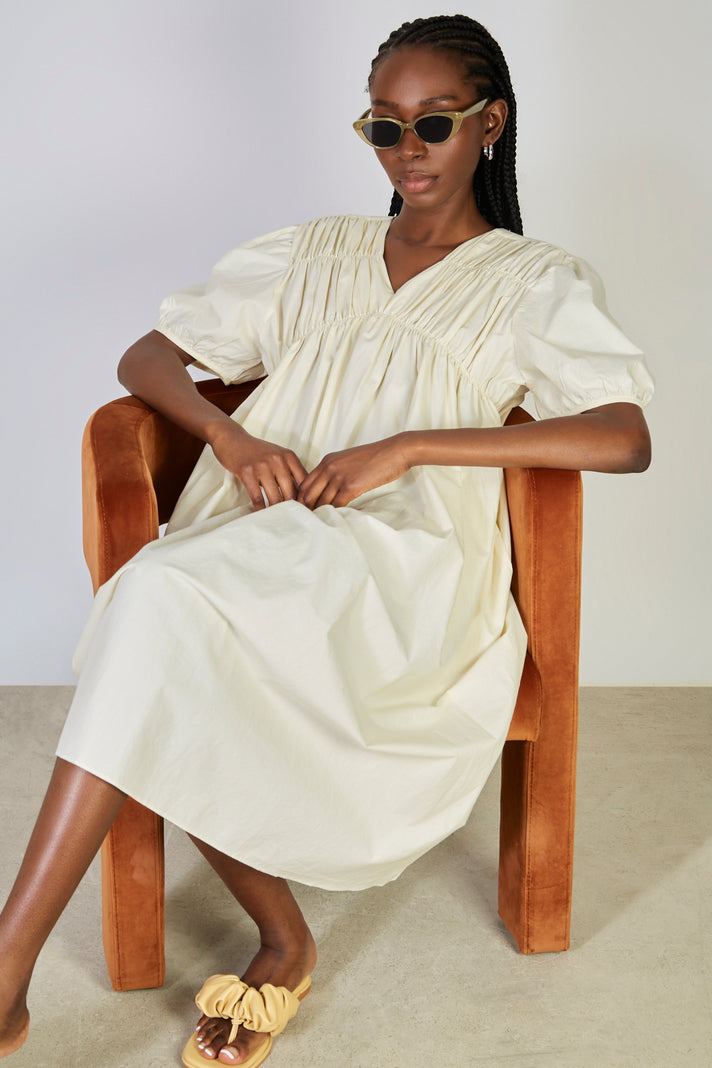 Ivory ruched seam V neck dress