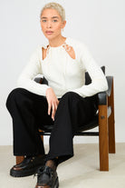 Ivory tied double slit knit top_5