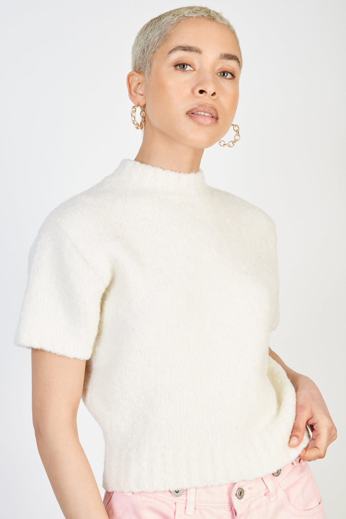 Ivory wool blend short sleeved knit top_1