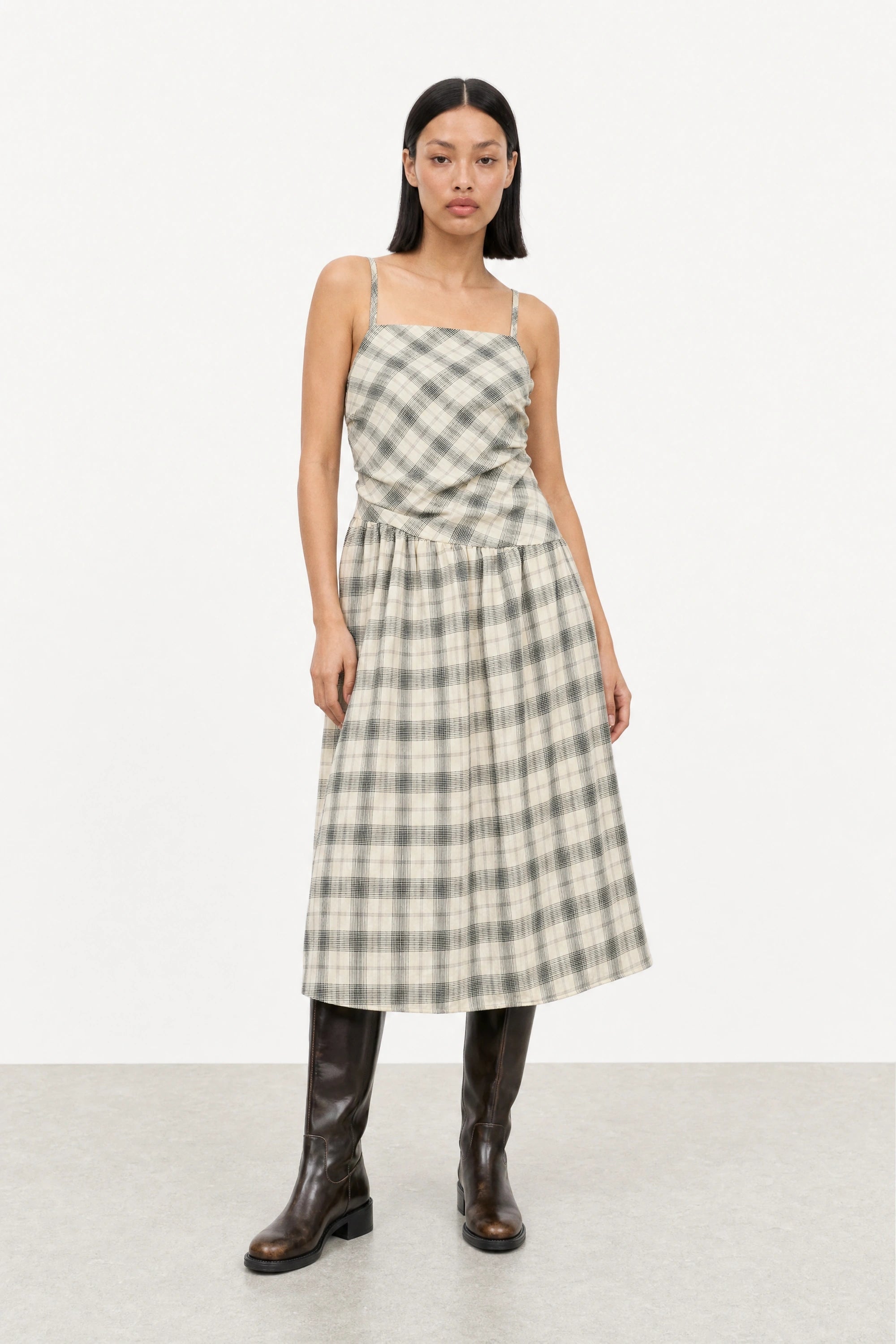 Ivory and grey checked strappy tie back dress_3