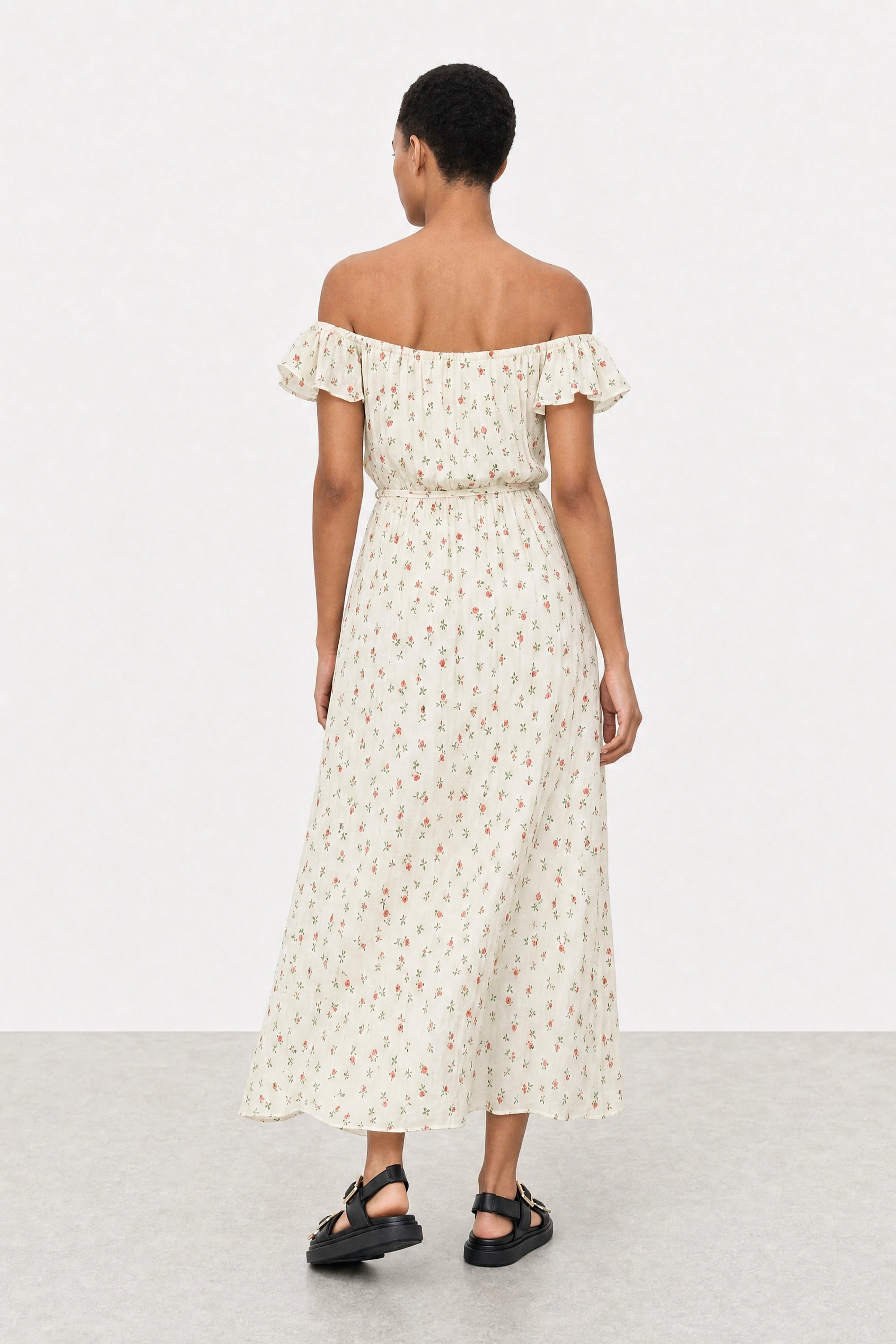 Ivory floral print frill straps silky dress_2