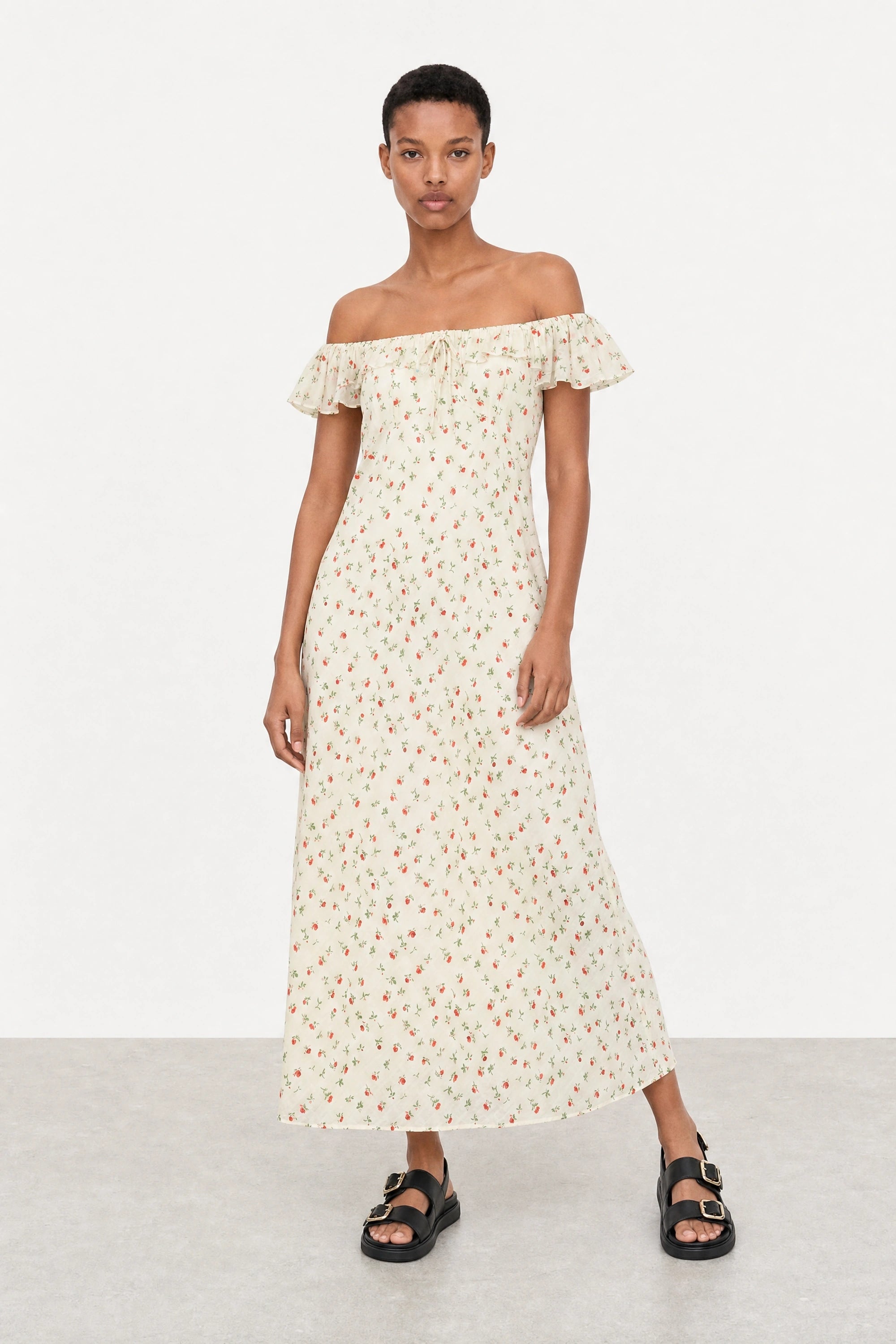 Ivory floral print frill straps silky dress_1