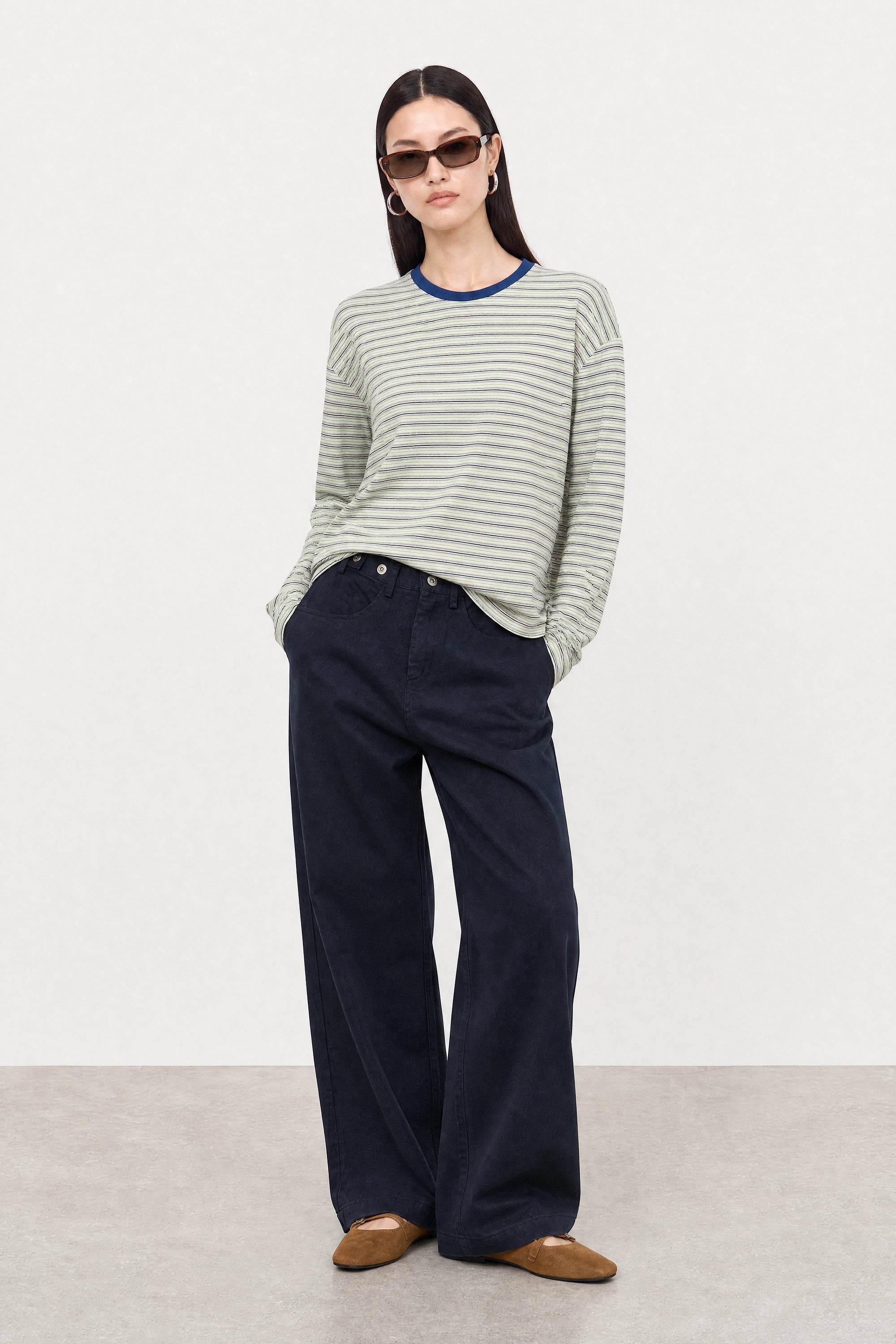 Ivory grey green and blue multi striped contrast collar long sleeved tee_4