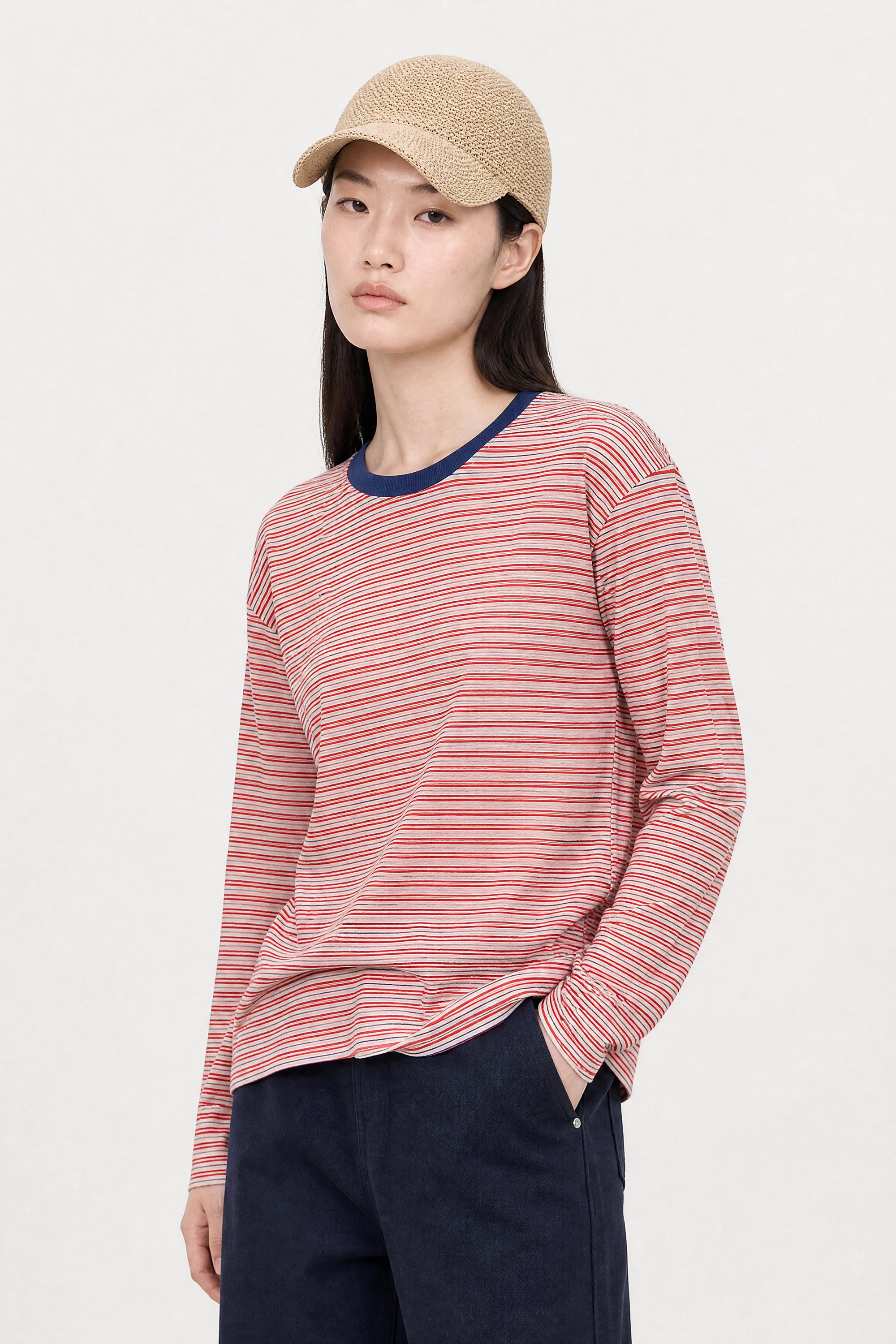Ivory red and blue multi striped contrast collar long sleeved tee_2