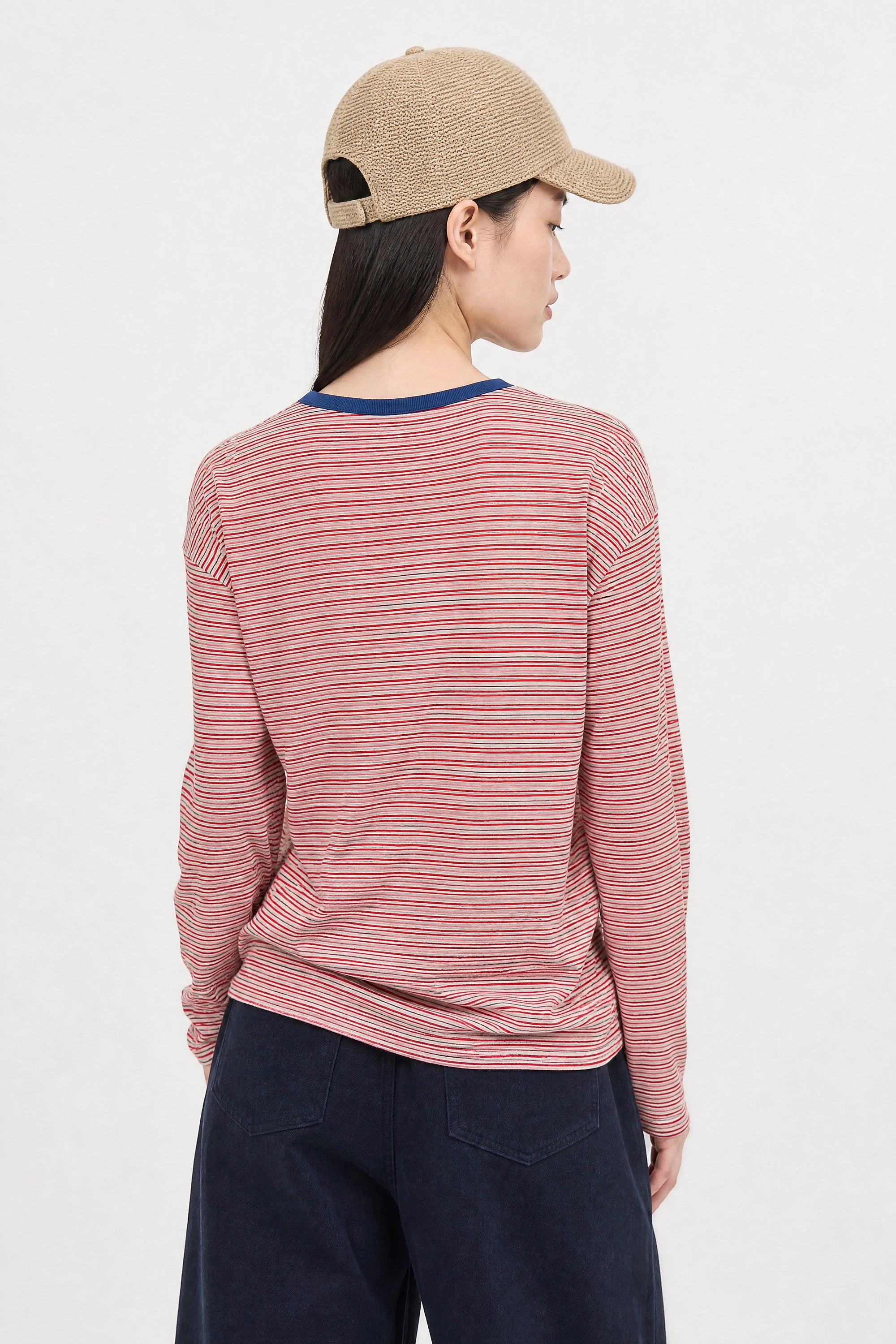 Ivory red and blue multi striped contrast collar long sleeved tee_3