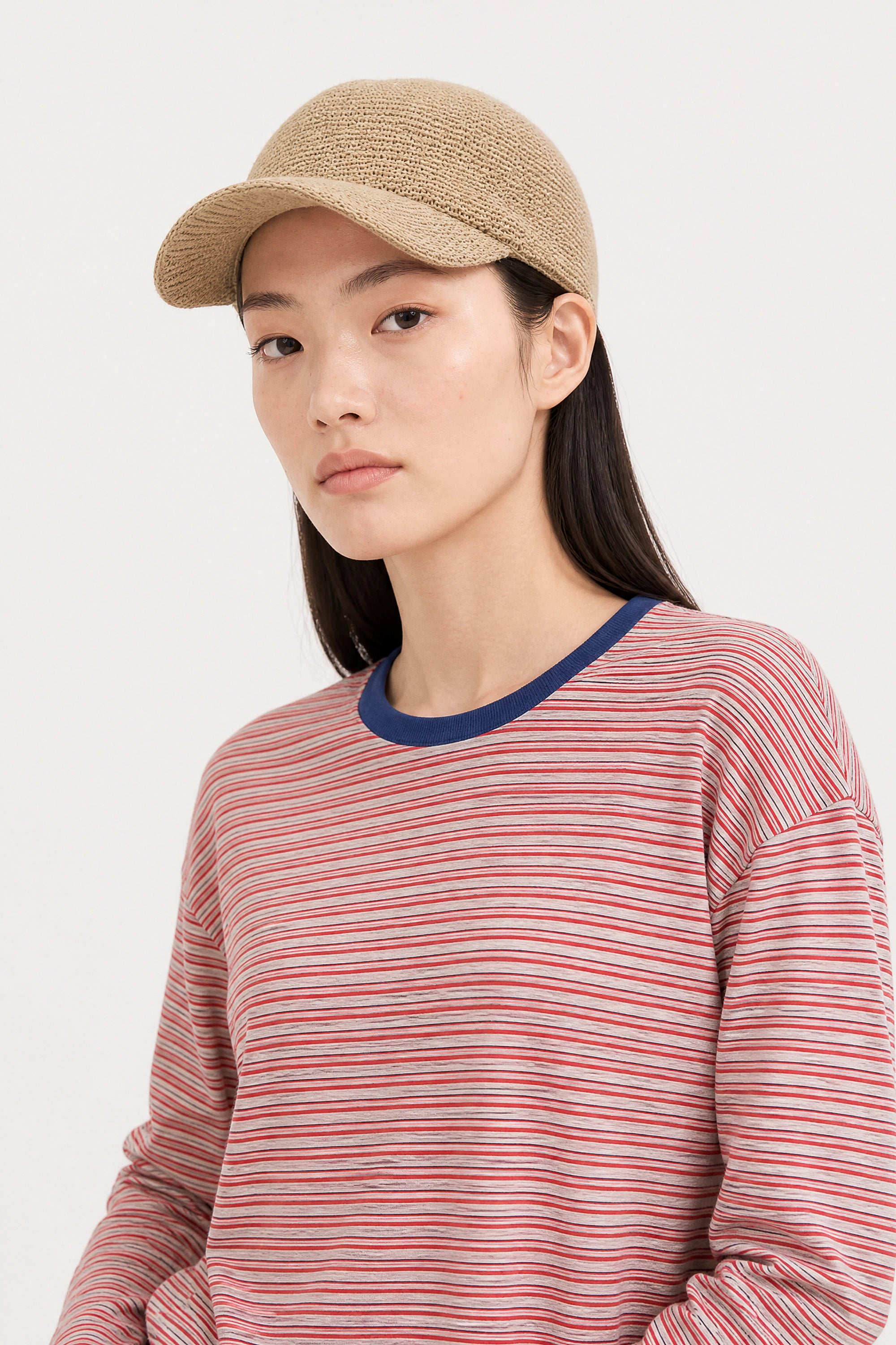 Ivory red and blue multi striped contrast collar long sleeved tee_4